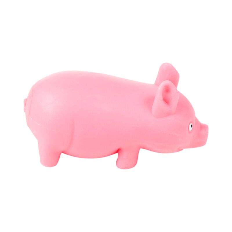 Clean side view of a pink Stretchies Pig squishy toy with floppy ears and snout