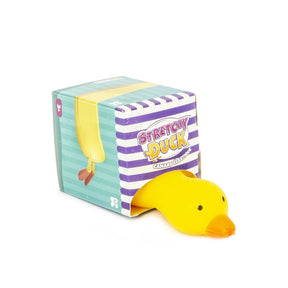 Yellow stretchy duck stress toy sitting in front of its teal and purple Stretchy Duck branded gift box