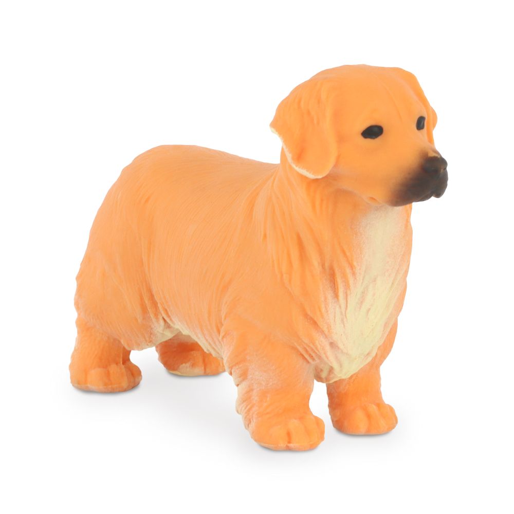Front-facing view of stretchy golden retriever stress toy showing face detail and cream chest markings