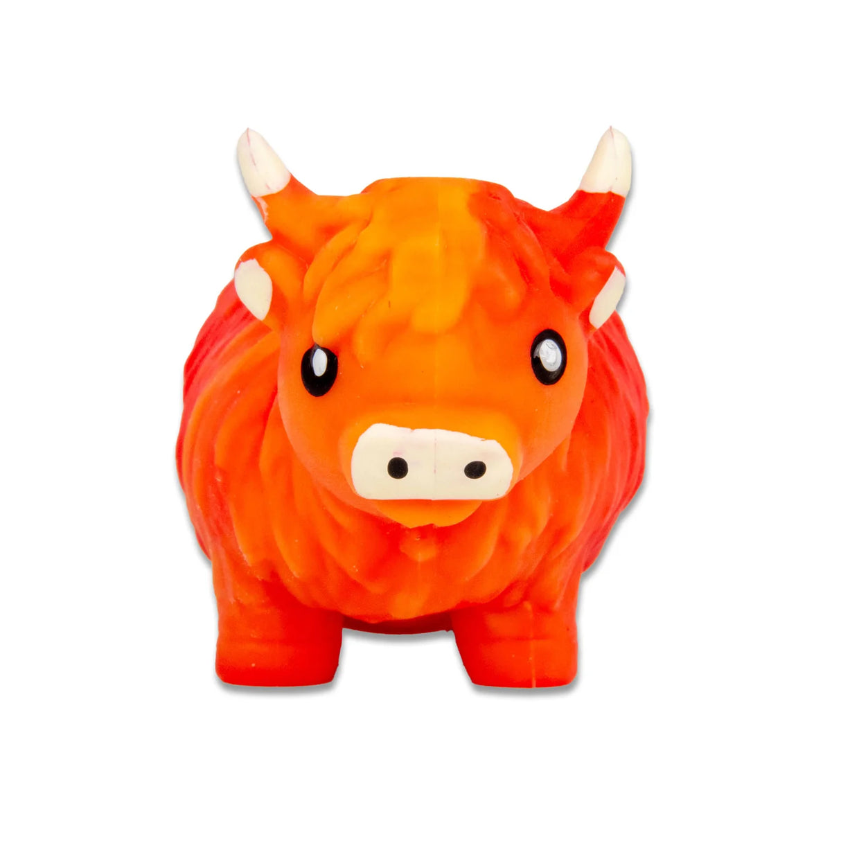 Front view of orange and red tie-dye stretchy sand highland cow stress toy showing face and horn detail