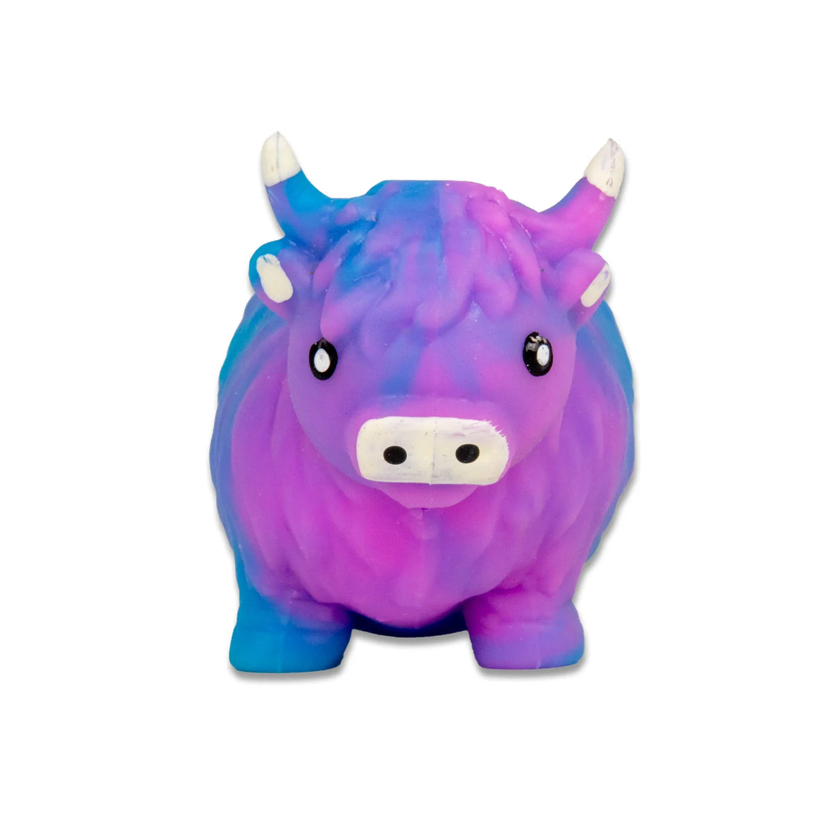Front view of purple and blue tie-dye stretchy sand highland cow stress toy showing face and horn detail