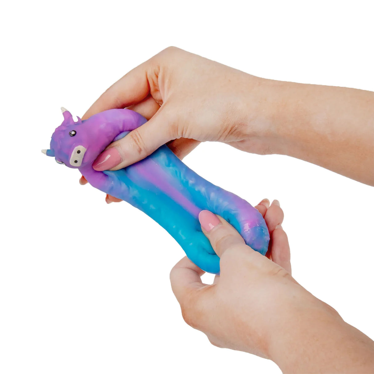 Two hands stretching a purple and blue tie-dye stretchy sand highland cow to show its full elastic range