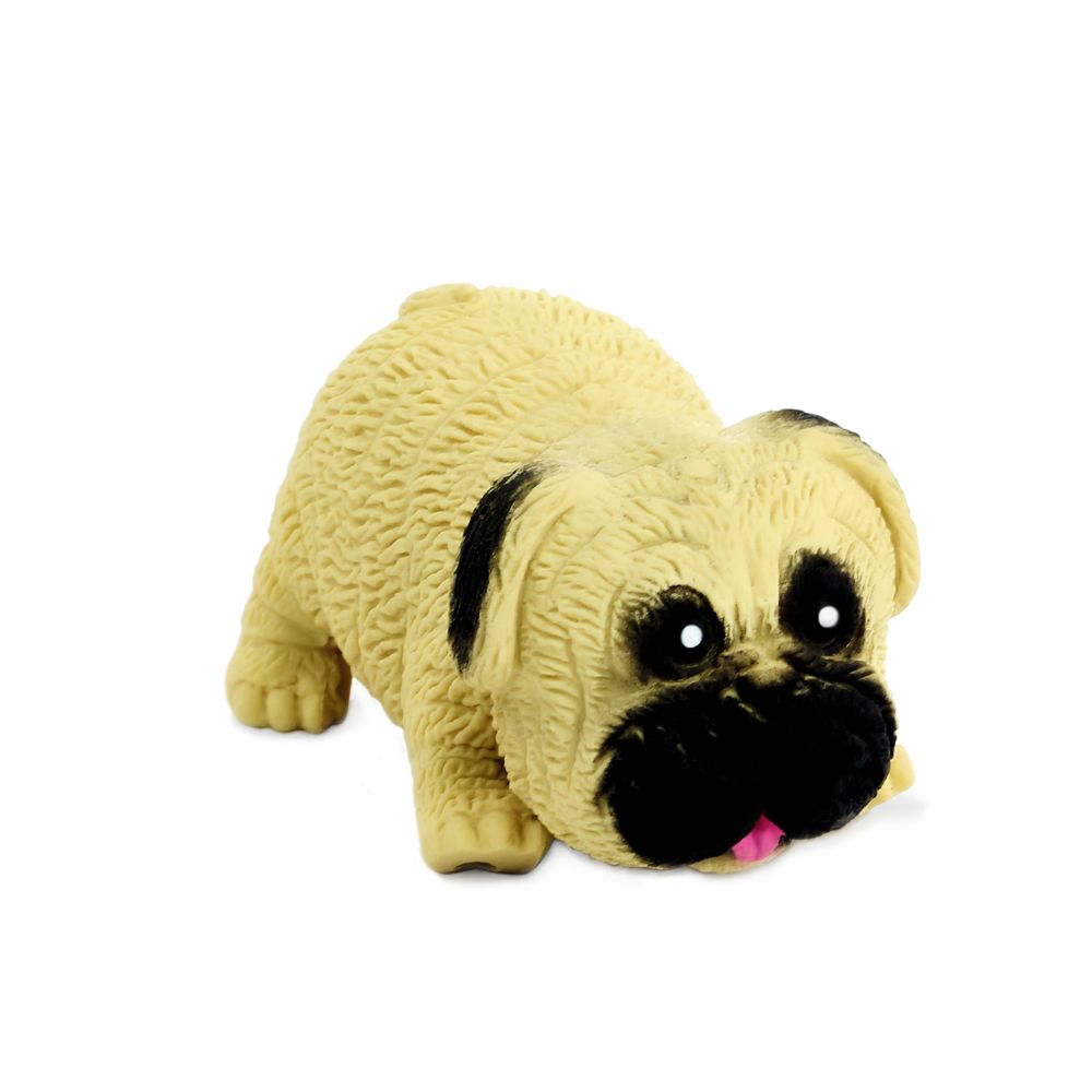 Close-up of stretchy pug stress toy showing textured wrinkly coat, black markings, and pink tongue