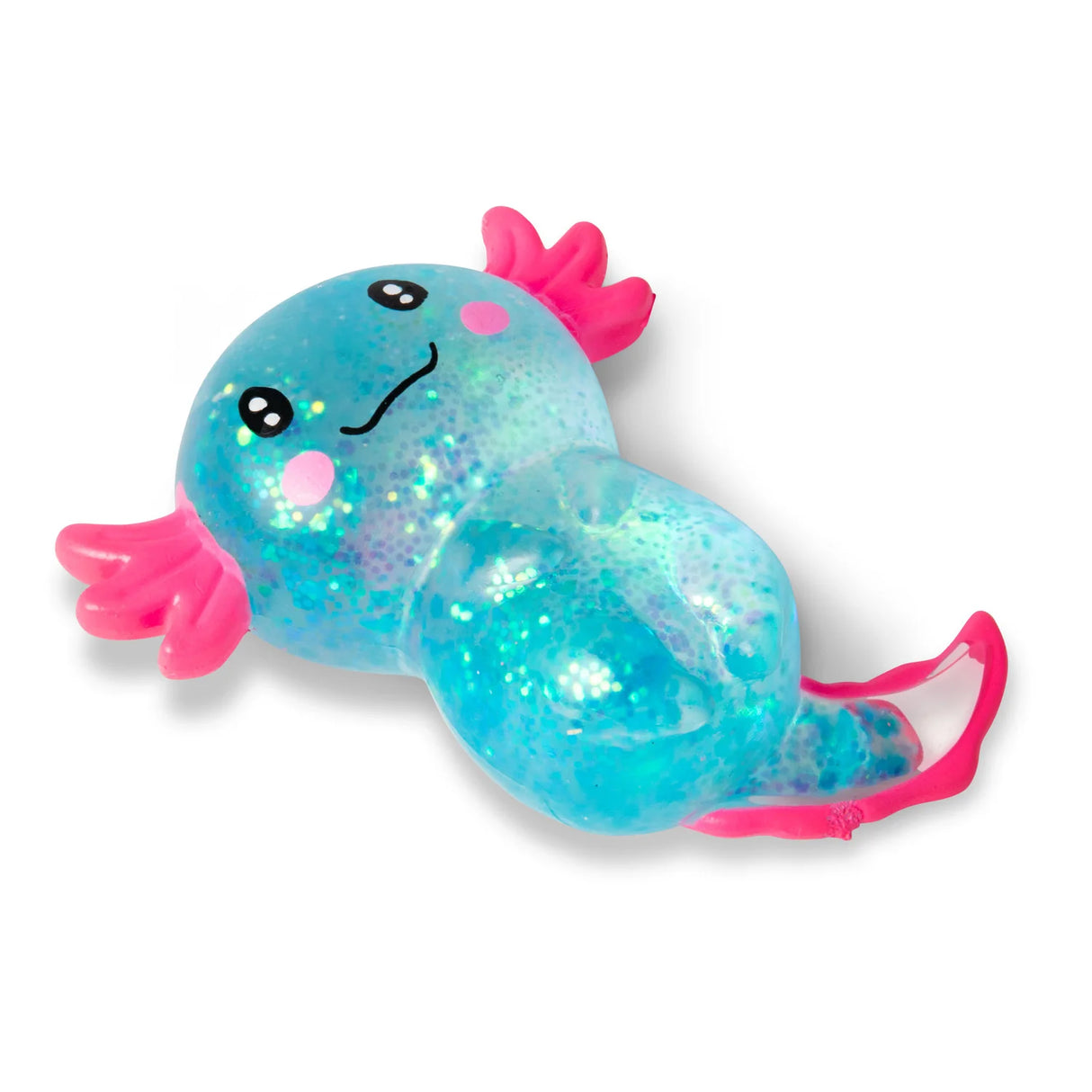 Blue glitter gel Sugar Axolotl squishy lying on its side showing iridescent sparkle detail