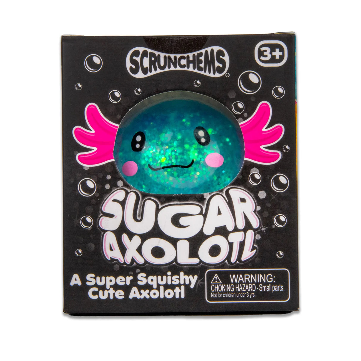 Front of Scrunchems Sugar Axolotl retail box showing blue glitter axolotl through window