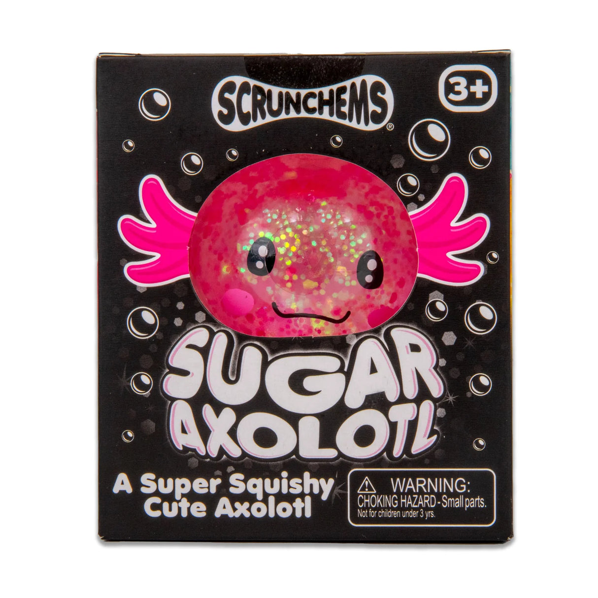 Front of Scrunchems Sugar Axolotl retail box showing pink glitter axolotl through window