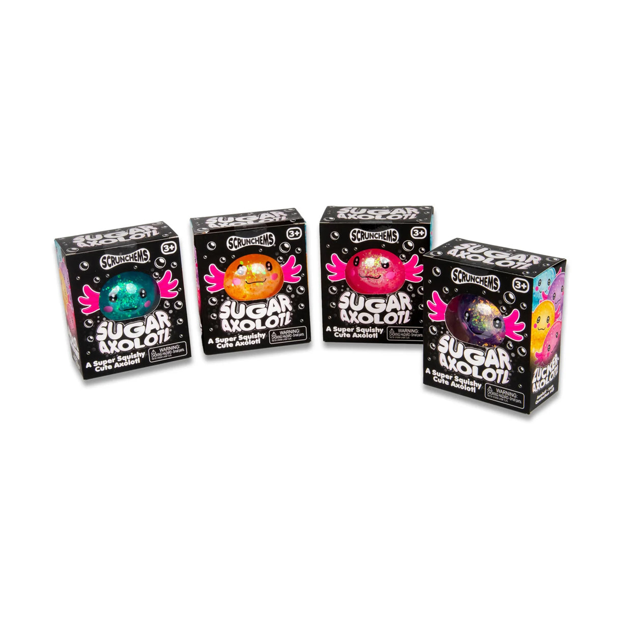 All four Scrunchems Sugar Axolotl retail boxes displayed in a row showing each colour variant