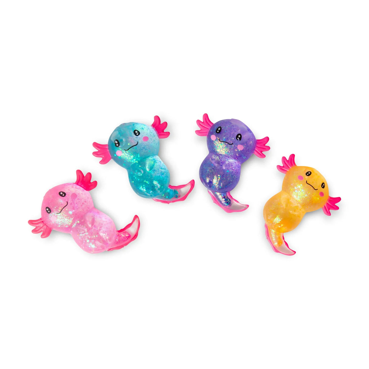 Pink, blue, purple and orange glitter gel Sugar Axolotl squishies displayed in an arched line