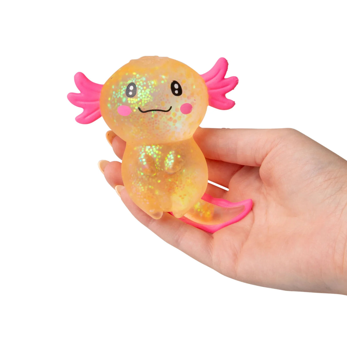 Orange large glitter gel Sugar Axolotl squishy held upright in one hand showing kawaii face