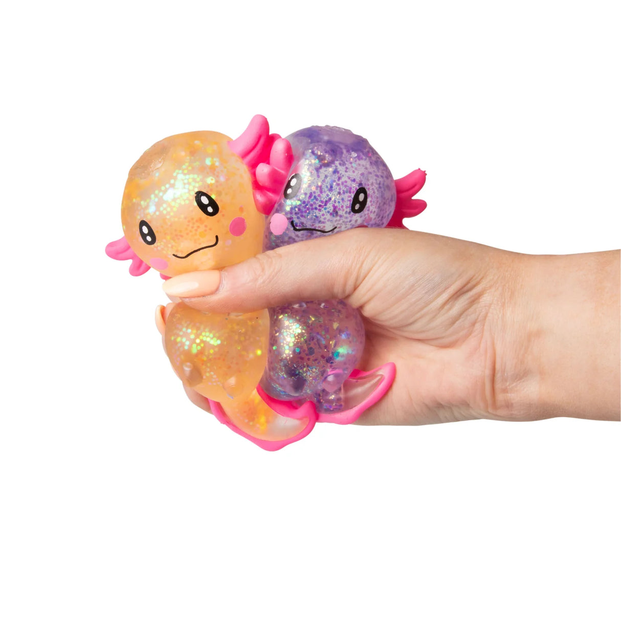 Hand squeezing orange and purple large glitter gel Sugar Axolotl squishies together showing gel deforming
