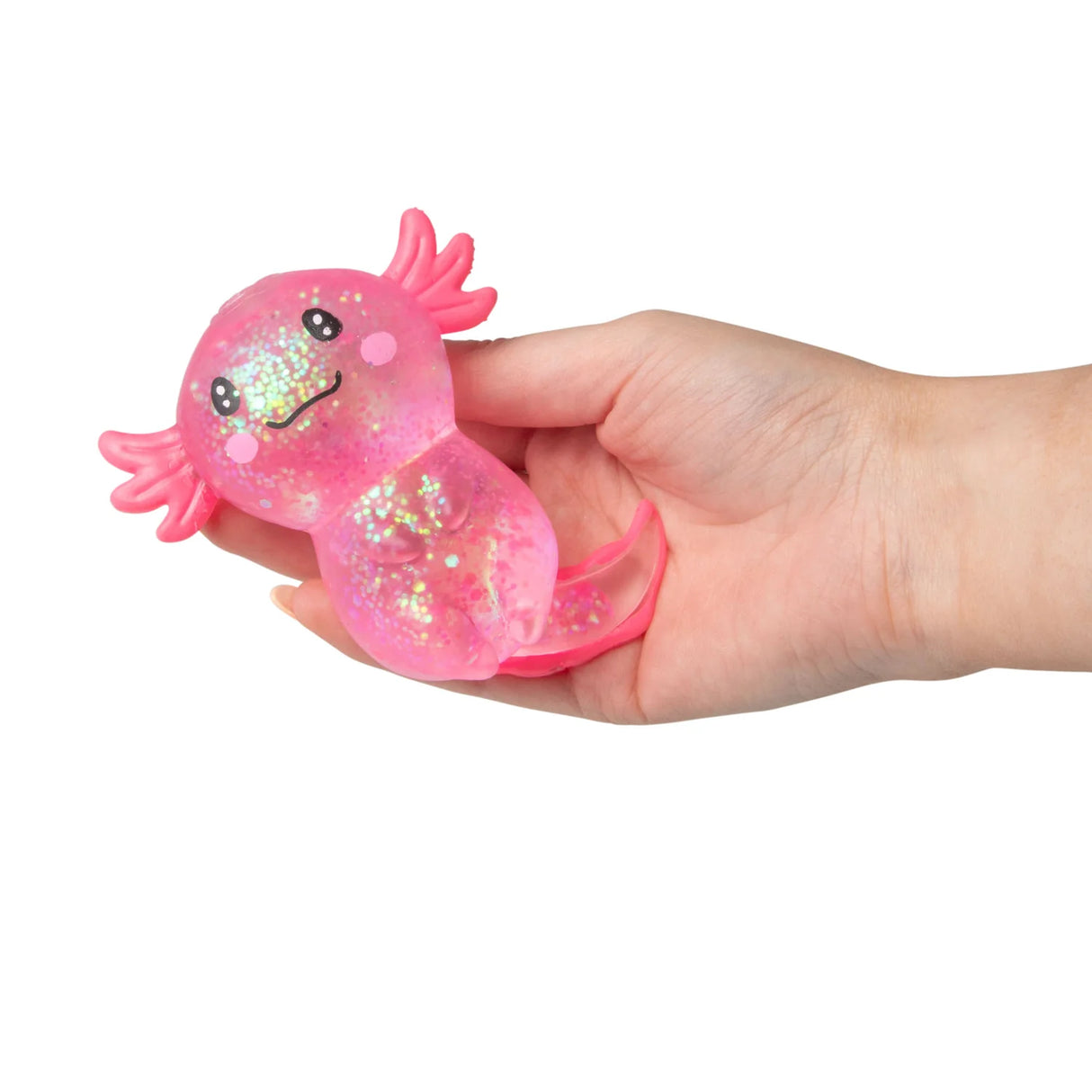 Pink large glitter gel Sugar Axolotl squishy resting in an open palm