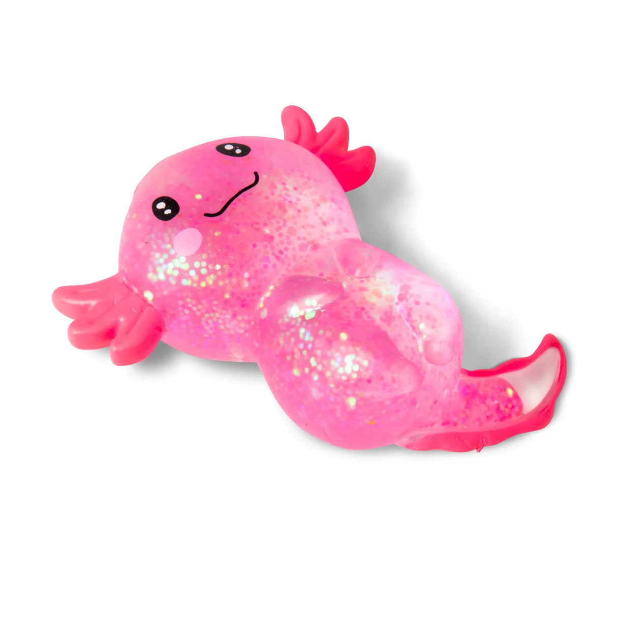 Pink large Sugar Axolotl squishy lying on its side on a white background
