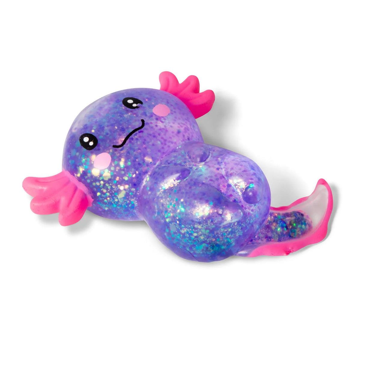 Purple glitter gel Sugar Axolotl squishy lying on its side showing holographic sparkle finish