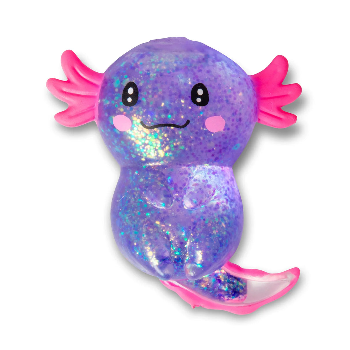 Purple glitter gel Sugar Axolotl squishy upright showing kawaii face and pink gill details