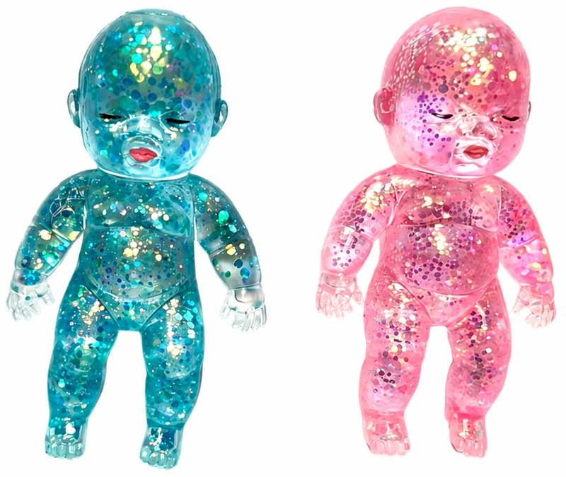 Blue and pink glitter Sugar Baby squishy sensory squeeze dolls side by side