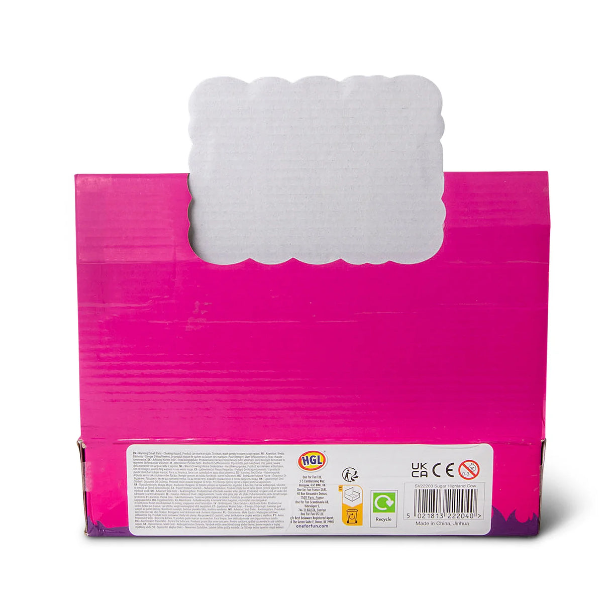 Reverse of the Sugar Highland Cow branded display box showing multilingual product information