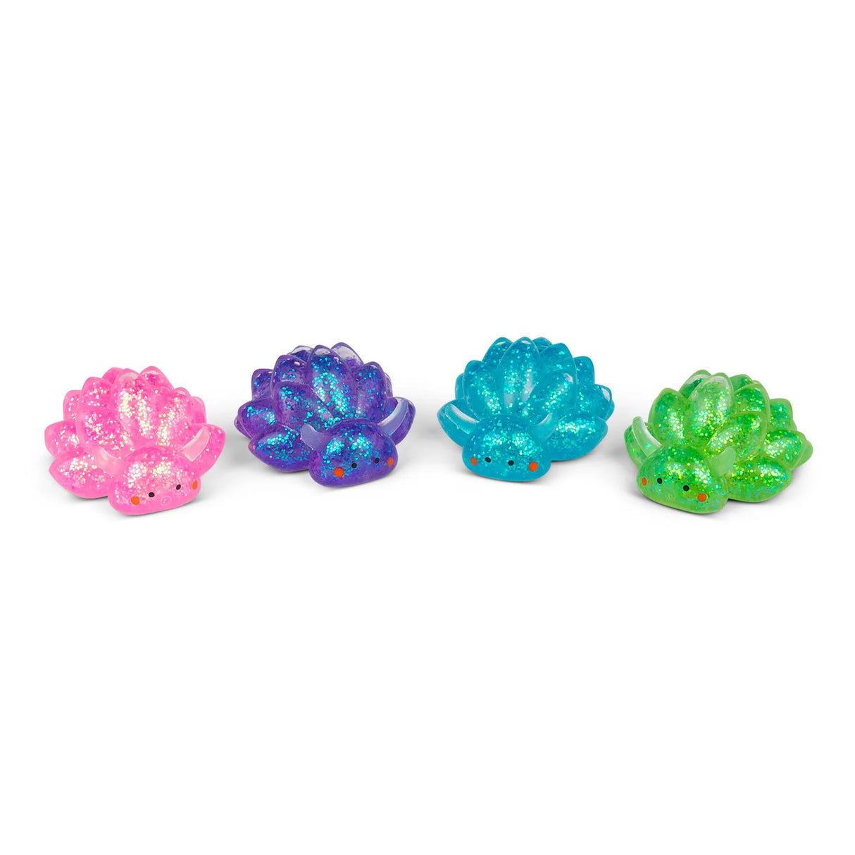 Four Sugar Sea Sheep glitter squishy fidget toys in pink, purple, blue and green shown in a row