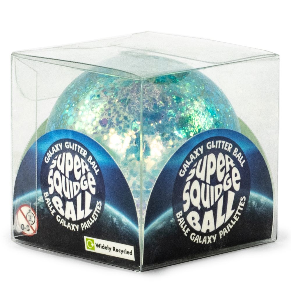 Super Squidge Galaxy Glitter Ball blue holographic glitter squishy fidget toy in clear display box packaging