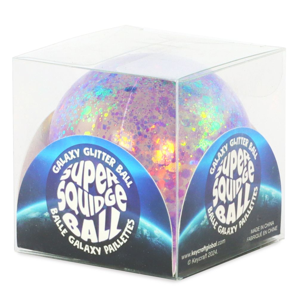 Super Squidge Galaxy Glitter Ball purple holographic glitter squishy fidget toy in clear display box packaging