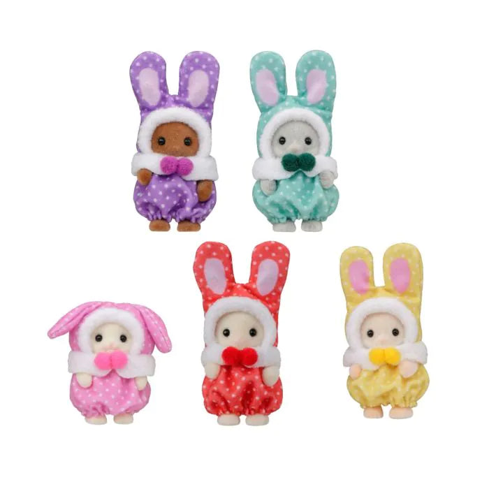 Five Sylvanian Families bunny costume baby figures in purple, turquoise, pink, red and yellow
