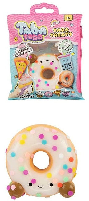 Taba Taba Treats sprinkle donut squishy toy shown with its pink packaging bag