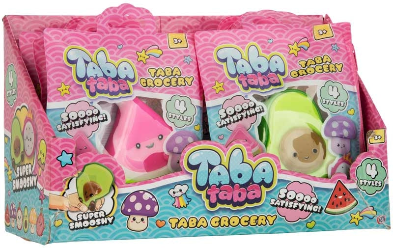 Taba Taba Taba Grocery super smooshy squishy sensory toy full display, all four styles