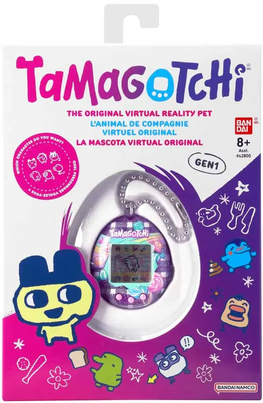 Tamagotchi Gen 1 in patterned purple shell displayed in its branded retail packaging