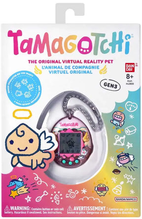 Tamagotchi Gen 3 angel edition in pink shell displayed in its branded retail packaging with battery warning visible