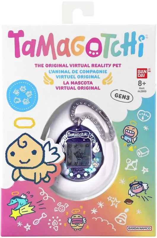 Tamagotchi Gen 3 angel edition in purple shell displayed in its branded retail packaging