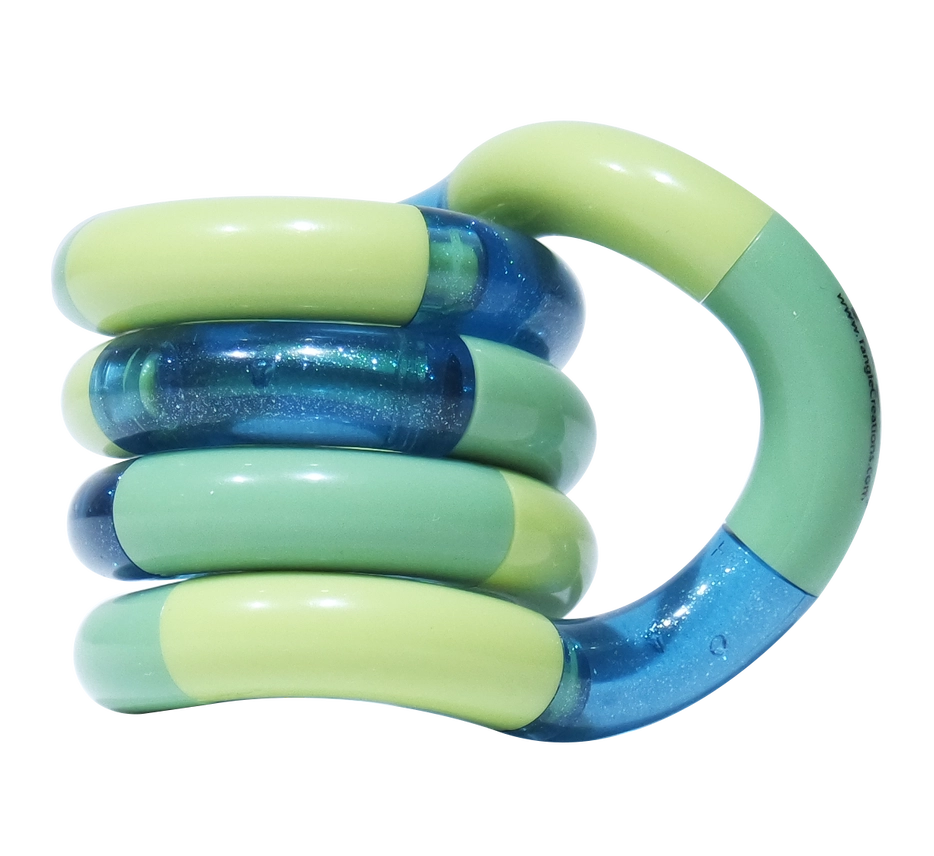 Green and teal Tangle Classic fidget toy coiled into its resting spiral shape with glitter segment detail