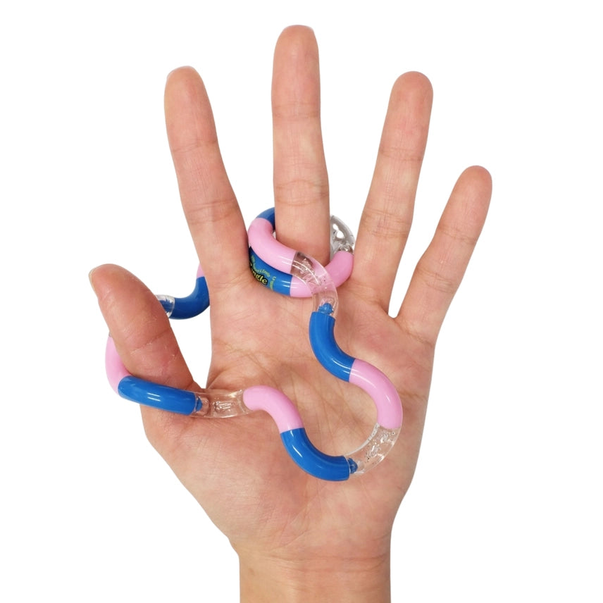 Pink and blue Tangle Classic fidget toy being woven between fingers to show flexibility