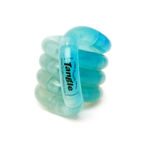 Aqua blue Tangle Jr. Bubblegum colour-changing twisty fidget toy coiled into a stack