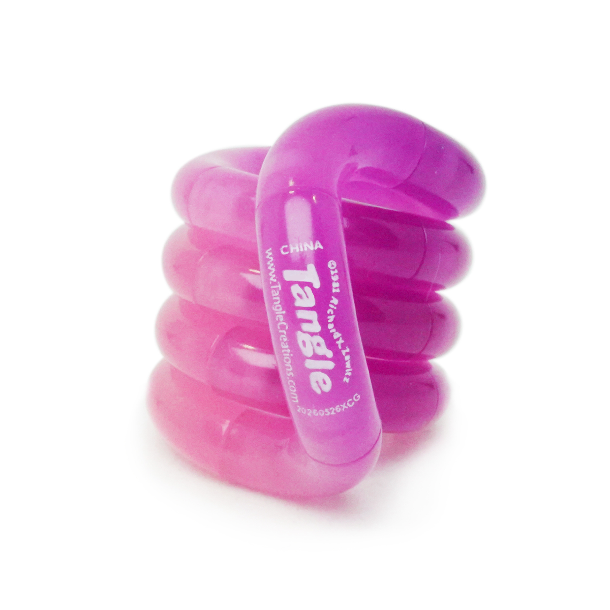 Bright pink Tangle Jr. Bubblegum colour-changing twisty fidget toy coiled into a stack