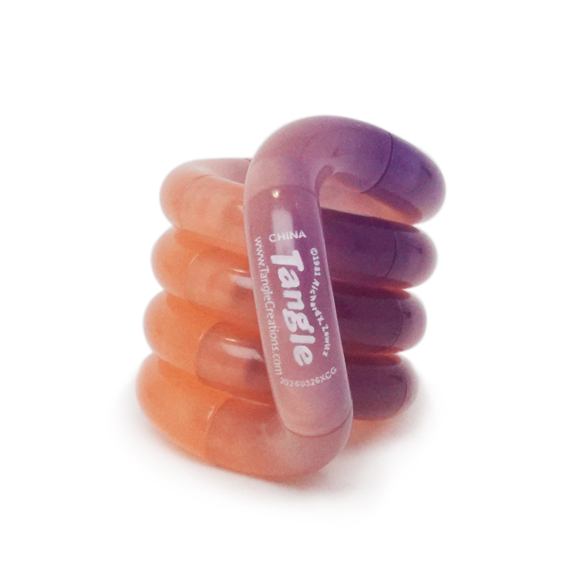 Orange to purple Tangle Jr. Bubblegum colour-changing twisty fidget toy coiled into a stack