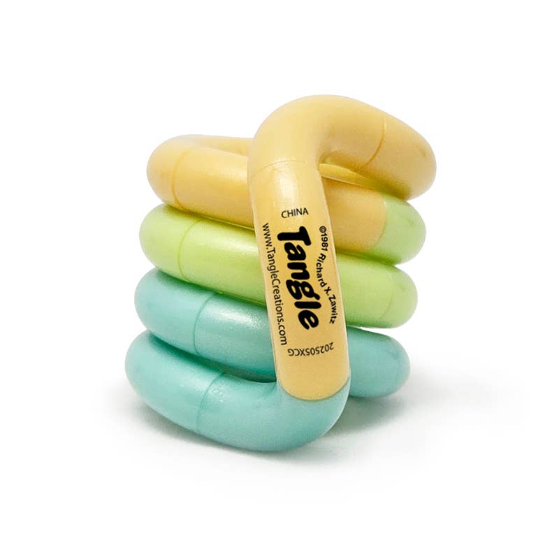 Peach, lime and aqua Tangle Jr. Clouds pastel twisty fidget toy coiled into a stack