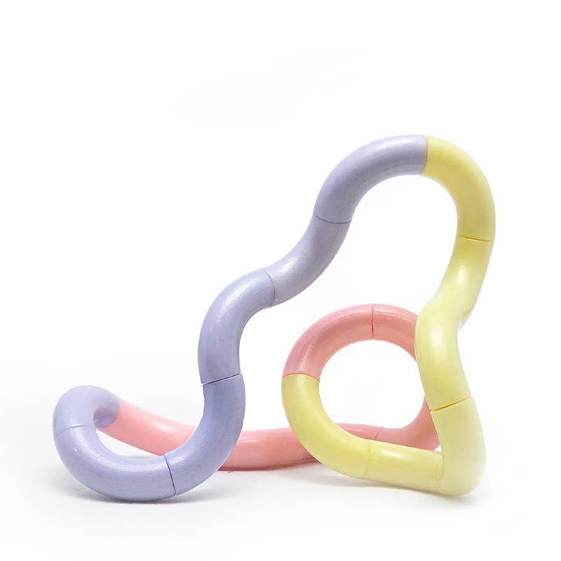Lilac, pink and lemon Tangle Jr. Clouds twisty fidget toy twisted into loops and curves