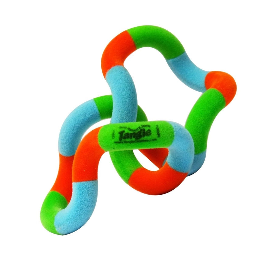 Orange, green, and blue Tangle Jr. Fuzzy fidget toy twisted into an open freeform shape