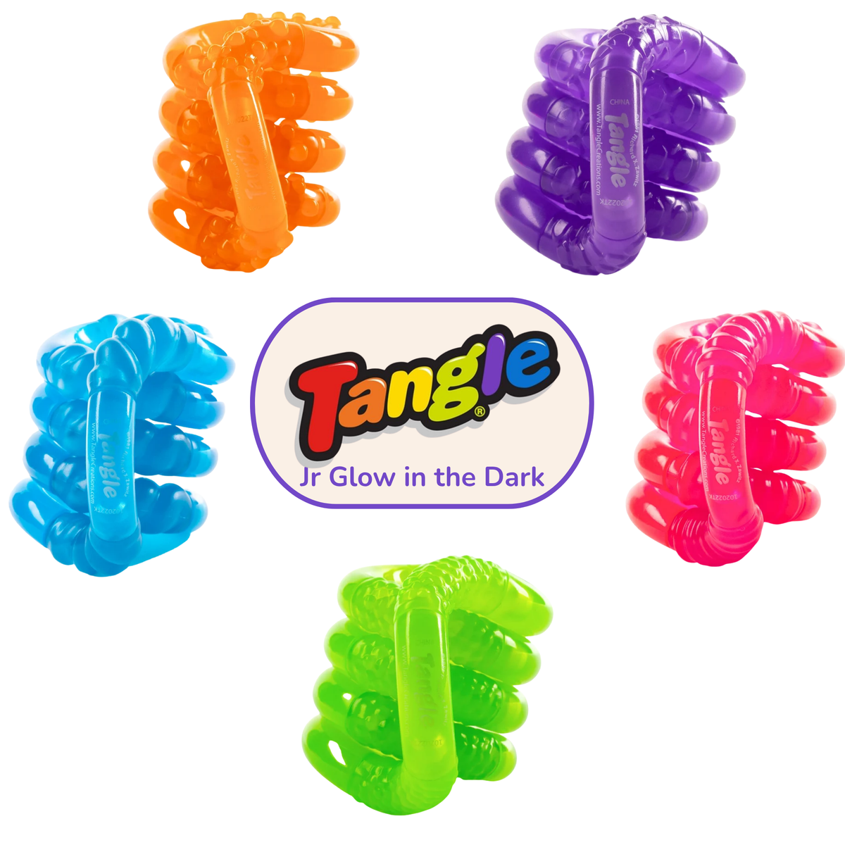 Five glow-in-the-dark Tangle Jr. textured fidget toys in orange, purple, blue, pink and green