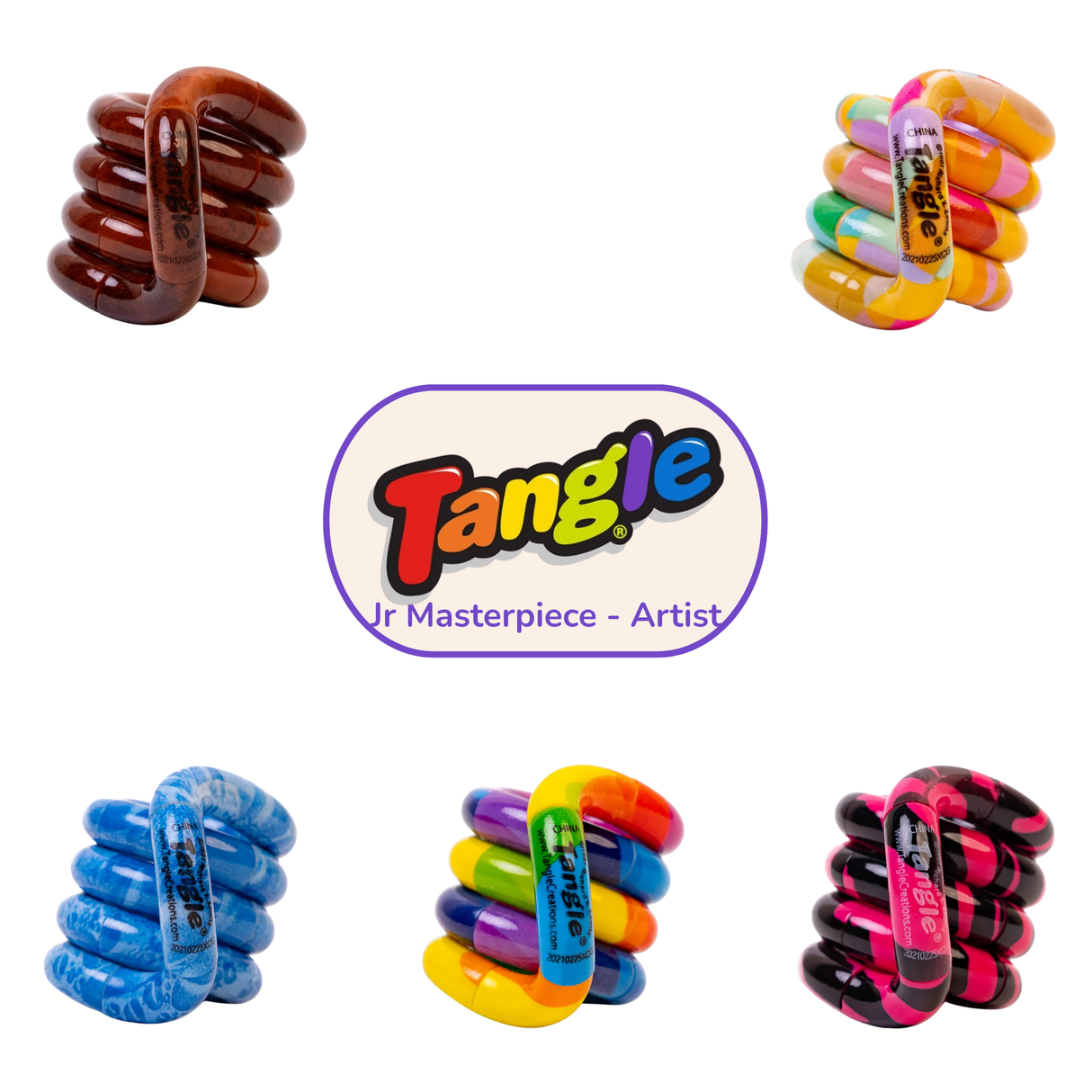 Five Tangle Jr Masterpiece Artist fidget toys arranged around the Tangle logo showing all colourways