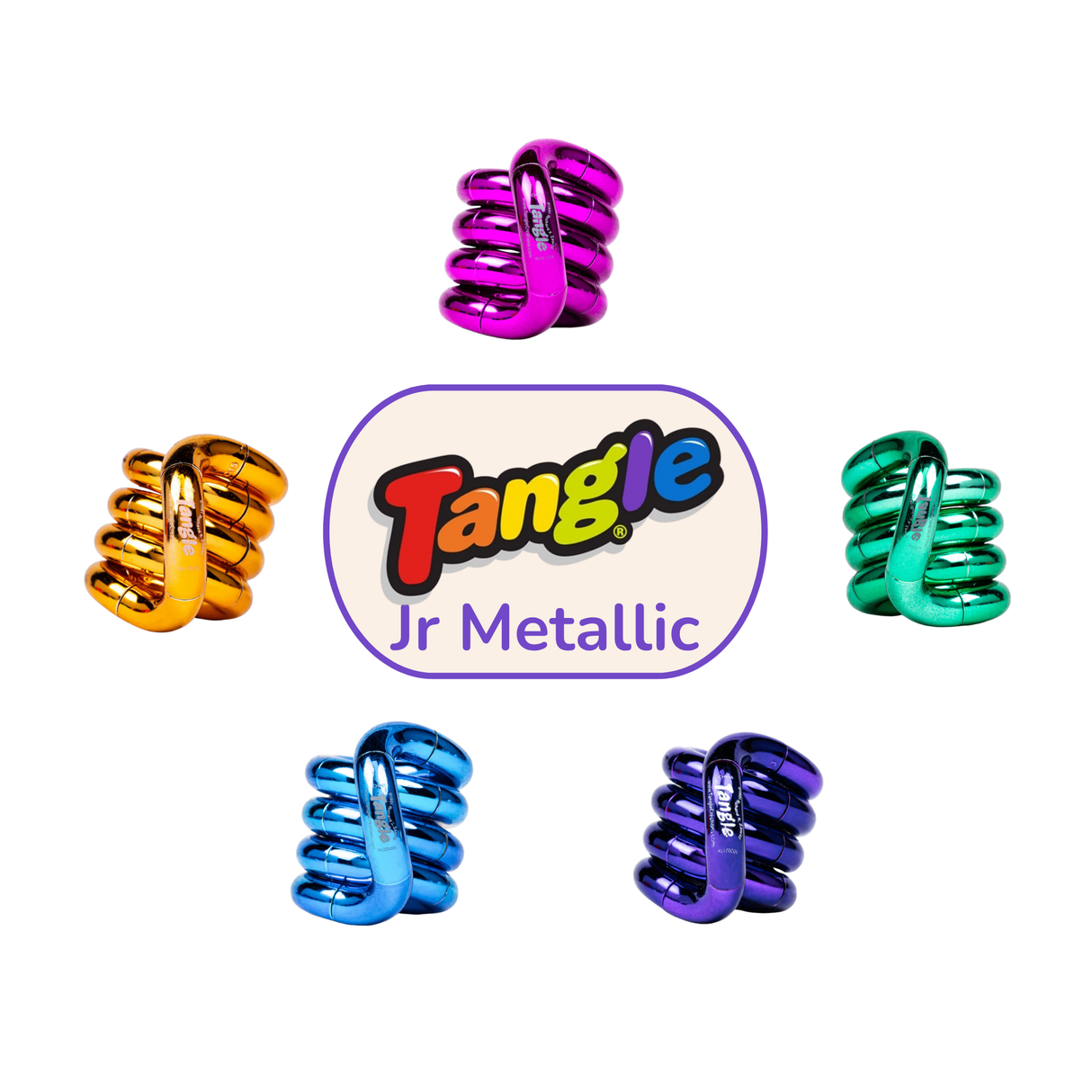 Five Tangle Jr. Metallic fidget toys in pink, gold-orange, green, blue, and purple metallic finishes arranged in a circle