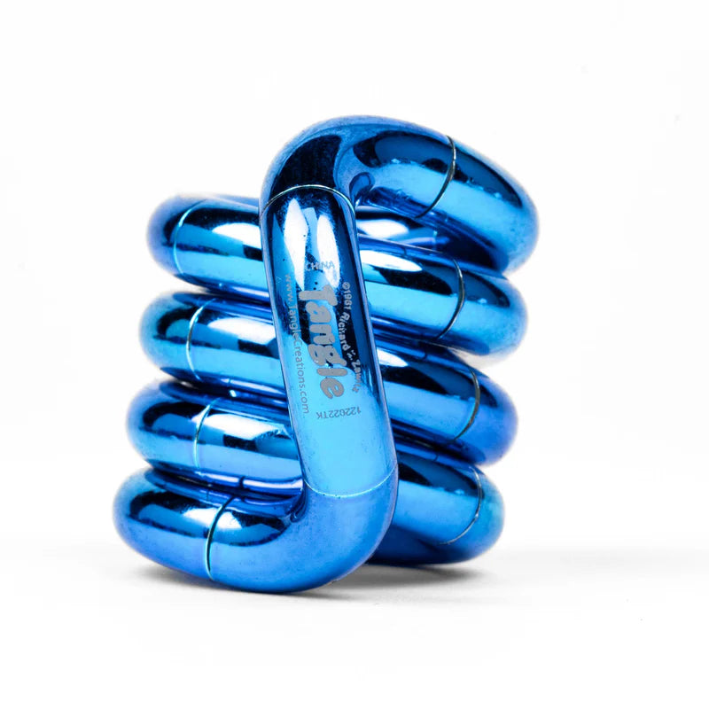 Blue metallic Tangle Jr. fidget toy coiled into its resting spiral shape showing chrome finish
