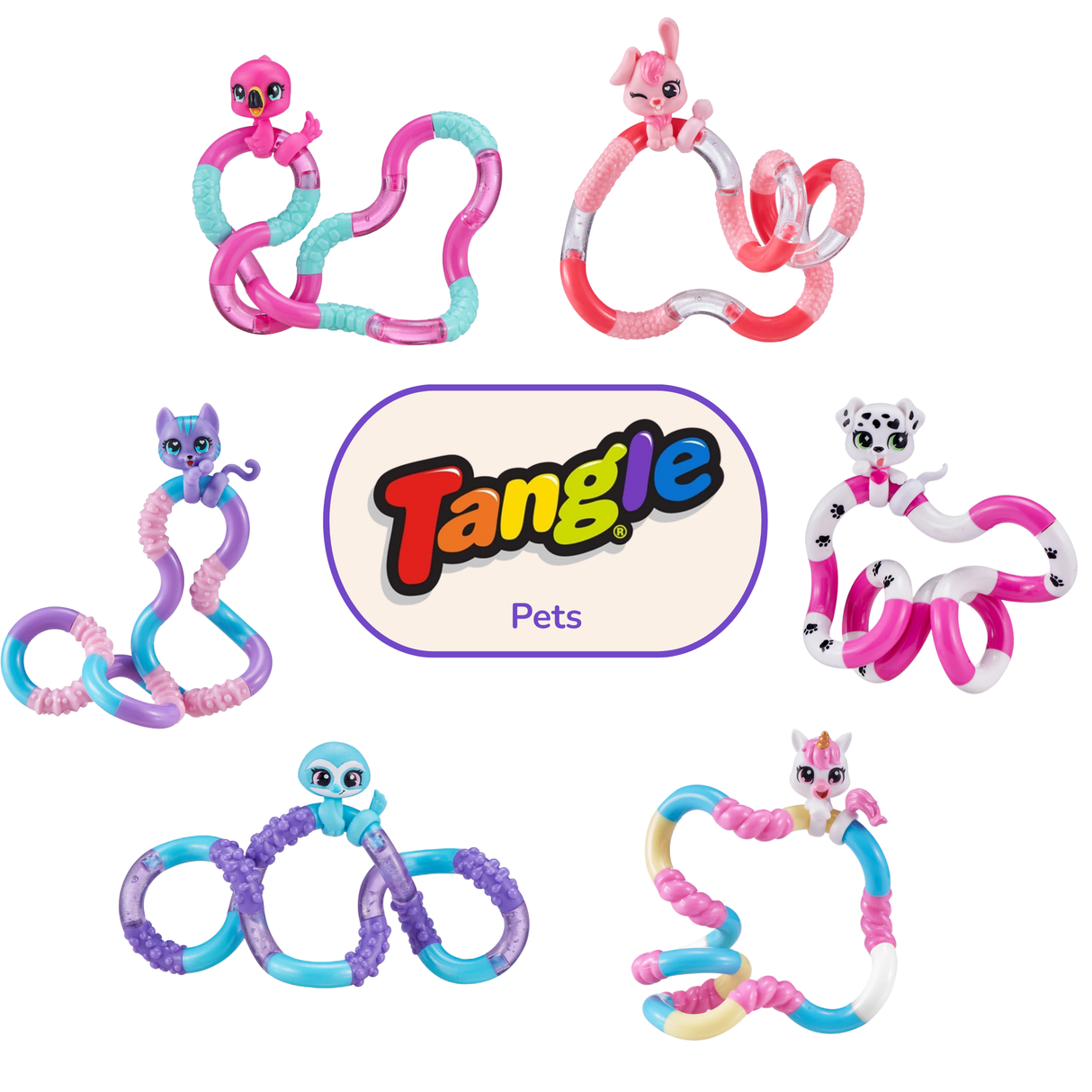 All six Tangle Jr. Pets shown in composite: flamingo, bunny, cat, dalmatian puppy, sloth and unicorn characters on their Tangle bodies