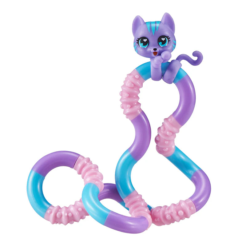 Purple and blue cat Tangle Jr. Pet fidget toy laid out in a flowing freeform shape