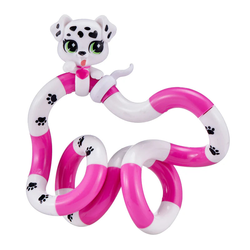 White and pink dalmatian Tangle Jr. Pet fidget toy with paw print details laid out in a freeform shape