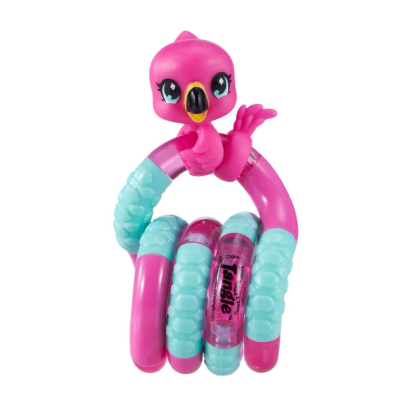 Pink and teal flamingo Tangle Jr. Pet fidget toy in its coiled resting position showing textured segments