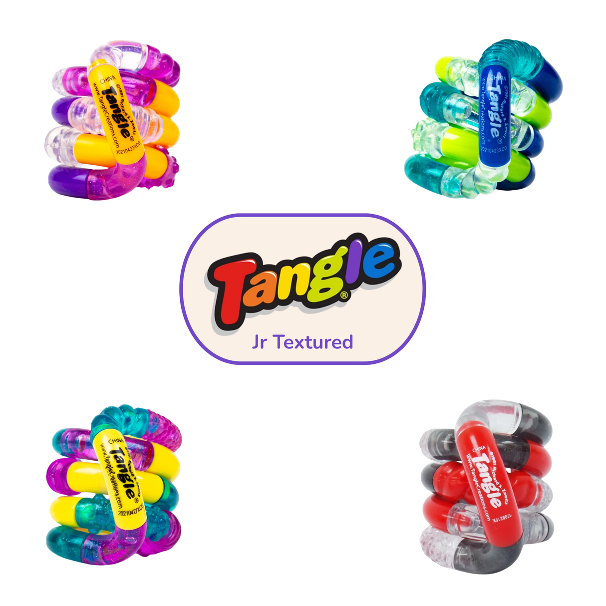 All four Tangle Jr Textured fidget toy colour variants arranged around the Tangle logo