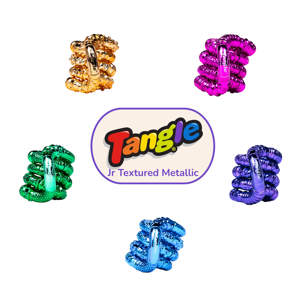 Five Tangle Jr. Textured Metallic fidget toys in gold, pink, green, purple, and blue shown in a circle arrangement
