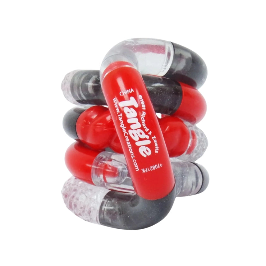 Red and grey Tangle Jr Textured fidget toy coiled on white background