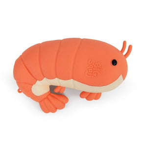 The Big Squij giant shrimp squishy side view with embossed logo and curled tail