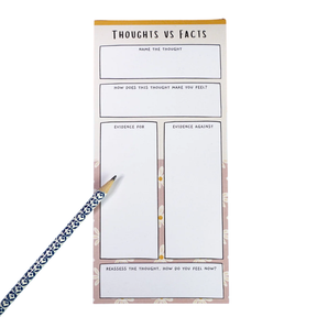 Thoughts vs Facts notepad full view on white, CBT anxiety tool, floral daisy design